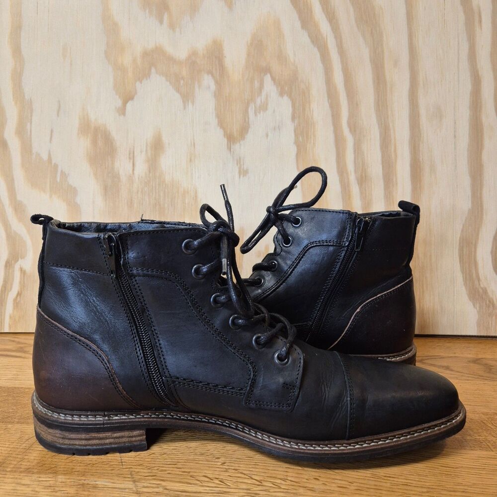 Bull Boxer Warrant Mens 13 Black Leather Cap Toe Zip Lace Up Ankle Boots